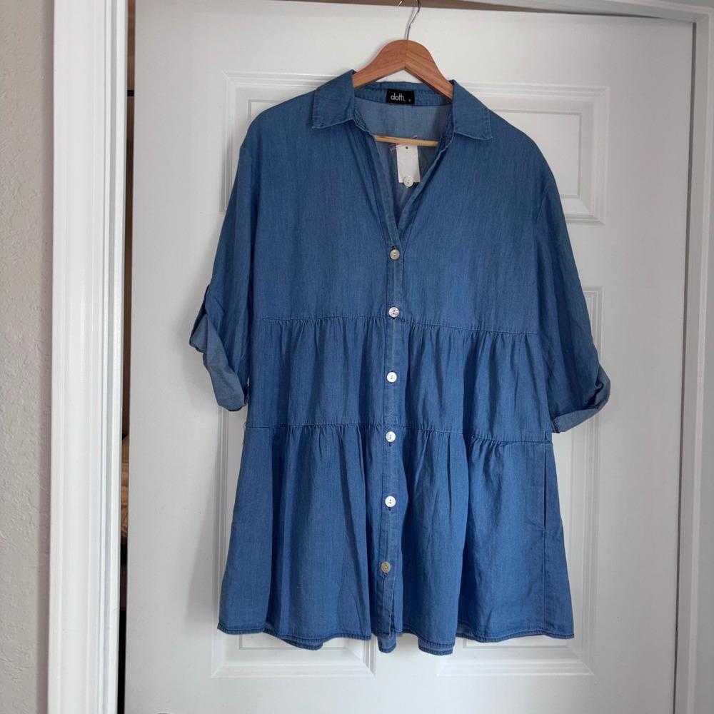 NWT Dotti Boho Denim Tiered Fall Shirt Dress Relaxed Babydoll Silhouette Sz 12